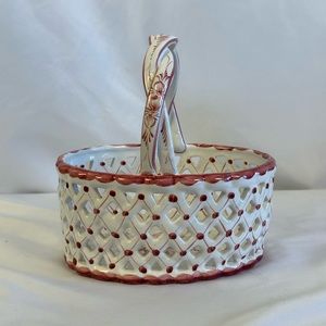 Red and White Ceramic Basket with Handle Reticulated Weave Sides Portugal